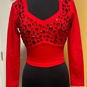 Vintage-Red Embellished V-Neck Long Sleeve Crop Top by